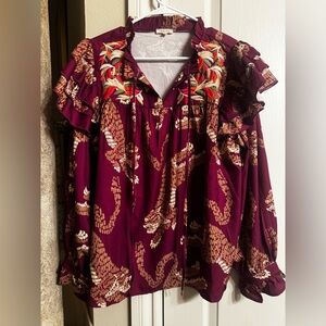 JODIFL Burgundy Embroidered Ruffle Yoke Blouse